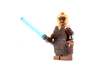 Custom minifigure with tan head, dark patterned robes, and light blue lightsaber accessory.