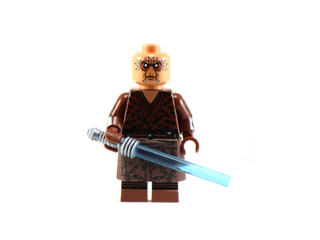 Custom minifigure with tan head featuring dark facial markings, brown robed torso, and holding a blue lightsaber.