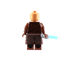 Custom printed minifigure with peach head, brown robed torso with black pattern, skirt piece, and light blue lightsaber acces