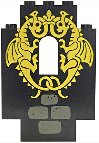 Panel 2x5x6 Wall with Window, Part #4444 Part LEGO® Black with Yellow Dragons Pattern  