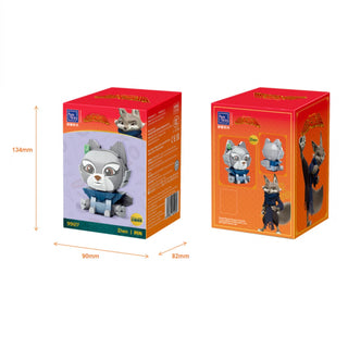 White and blue cat character figure in packaging shown from front and back views with dimensions 134mm height, 90mm and 82mm 