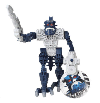Dark blue and white Bionicle figure with silver sword and spherical launcher attachment.
