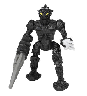 Black and gray articulated robot figure with yellow eyes, holding a gray tool in left hand.
