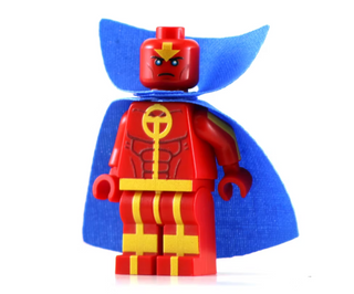 Red minifigure with yellow chest symbol and belt, angry expression, wearing blue cape with pointed shoulders.