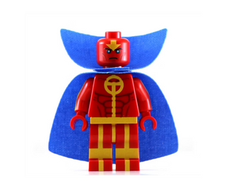 Red minifigure with angry expression, yellow cross symbol on chest, blue cape with pointed shoulders, and blue hands.