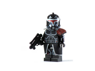 Custom minifigure with black helmet featuring red stripe, black armor with blue detailing, red shoulder pauldron, and black b