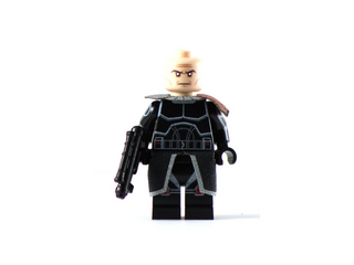 Custom minifigure with tan head, black armor torso with blue details, shoulder cape, and blaster weapon.