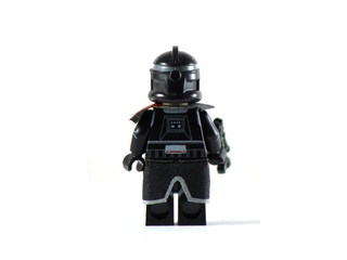 Custom LEGO minifigure with black helmet, armor torso with printed details, and textured skirt piece.