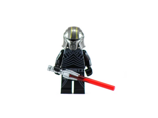 Custom Lego minifigure with metallic silver helmet, black armor with chevron pattern, and red lightsaber.