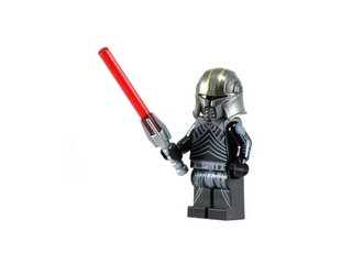 Custom printed Lego minifigure with silver and black armor helmet, holding a red lightsaber.
