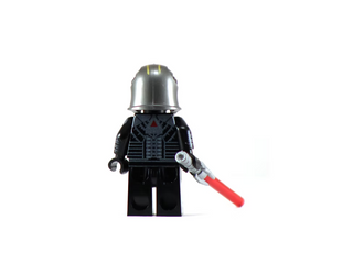 Custom Lego minifigure with silver helmet, black printed torso, and red lightsaber.