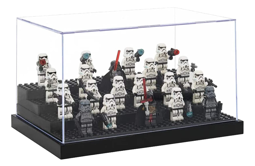 Acrylic Display Case for Figures Dustproof, Clear Display Box with Building Base, Collection Bricks Storage Blocks Aciton Figure Showcase(Black)