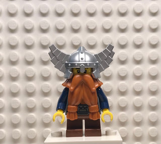 Fantasy Era, Dwarf, Dark Orange Beard, Metallic Silver Helmet with Wings, Dark Blue Arms, cas373 Minifigure LEGO®   